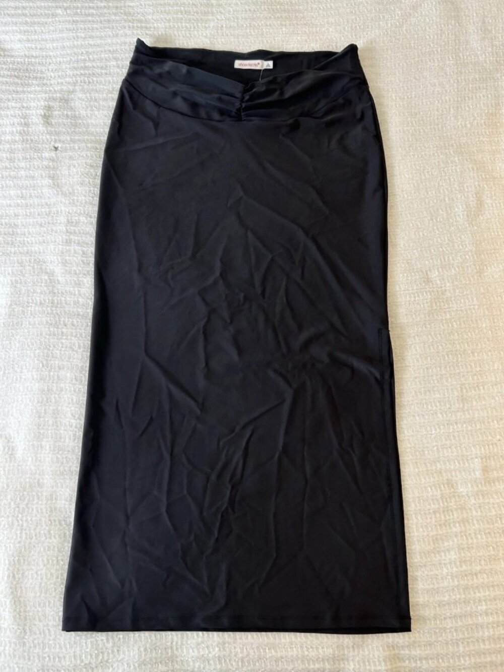 NEW Shoedazzle Women Black Maxi Skirt Large L Gathered Waistband Side Slit NWT